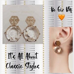 🆕 Tory Burch Authentic Crystal Clear Hexagon Stone With Tory Logo Drop Earrings